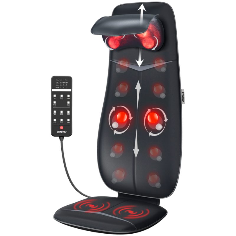 RENPHO Neck & Back Massage Cushion shiatsu masszázspárna – S-, 48 W, 4 zóna, 3 fokozat, 45 °C-ig fűthető, állítható, távirányítóval, fekete