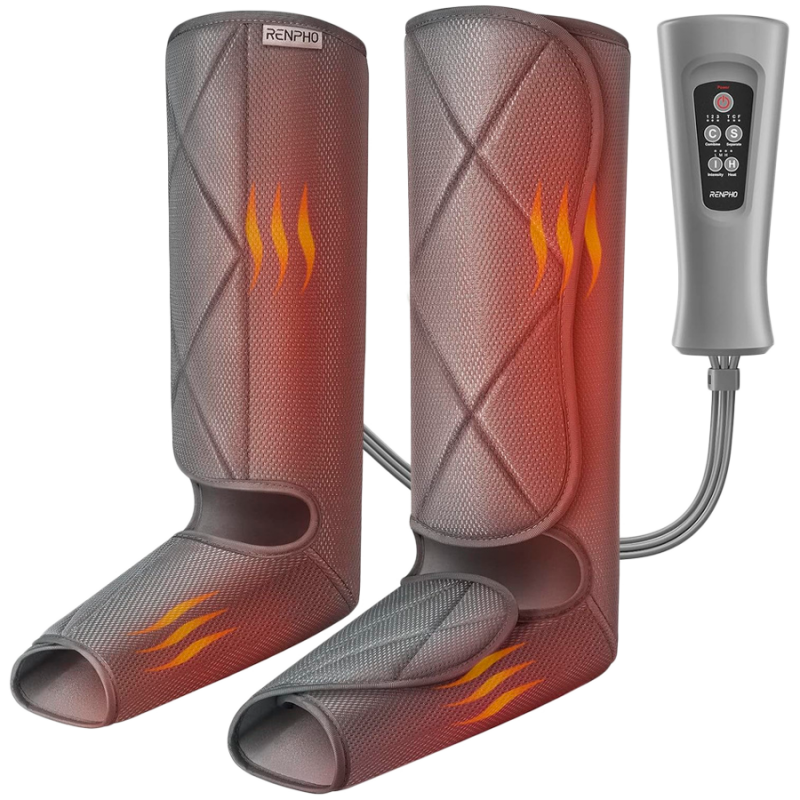 RENPHO Foot & Calf Air Massager, 24W, Heating, 3 Intensity Levels, Massage Modes, Memory, Heat Indicator, Safety Features, Gray