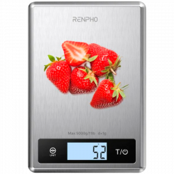 Smart cantar de bucatarie RENPHO Calibra 1, Pana la 5 kg, 20 de functii de analiza, Sincronizare cu aplicatii mobile, Functie TARE, Sticla, Argintiu