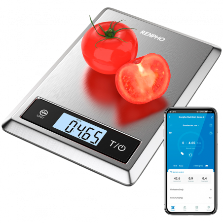 Smart cantar de bucatarie RENPHO Calibra 1, Pana la 5 kg, 20 de functii de analiza, Sincronizare cu aplicatii mobile, Functie TARE, Sticla, Argintiu