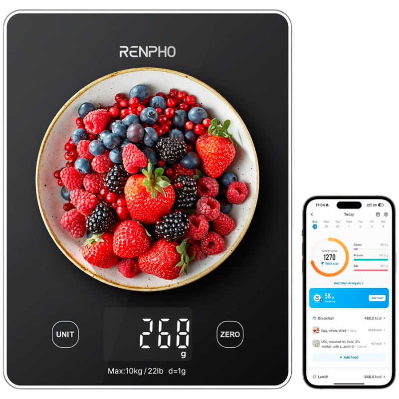 RENPHO Calibra 1L Smart Kitchen Scale, Up to 10 kg, 22 Measurement Modes, Syncs with Mobile Apps, TARE, Coffee Mode, Tempered Glass, Black
