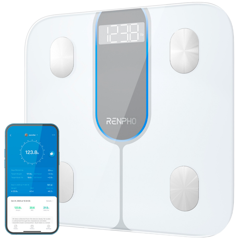 Smart cantar RENPHO Elis 1C, Pana la 200 kg, 13 indicatori, Afisaj LED, Aplicatie mobila, Sticla termorezistenta, Alb