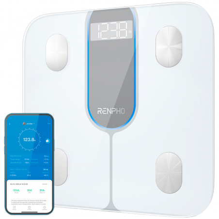 RENPHO Elis 1C Smart Scale, Up to 200 kg, 13 Measurements, LED Display, Mobile App, Tempered Glass, White