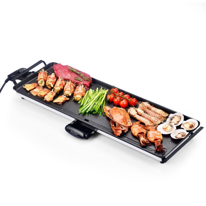 Gratar teppanyaki Swiss Haus Basel Premium SH-TP70, 1800 W, 70 × 23 cm, Acoperire ceramica, Termostat, Tava pentru grasime, Fara BPA si PFAS, Negru