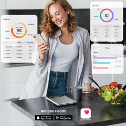 RENPHO Calibra 1 Smart Kitchen Scale, Up to 5 kg, 20 Measurement Modes, Syncs with Mobile Apps, TARE, Coffee Mode, Tempered Glass, Silver