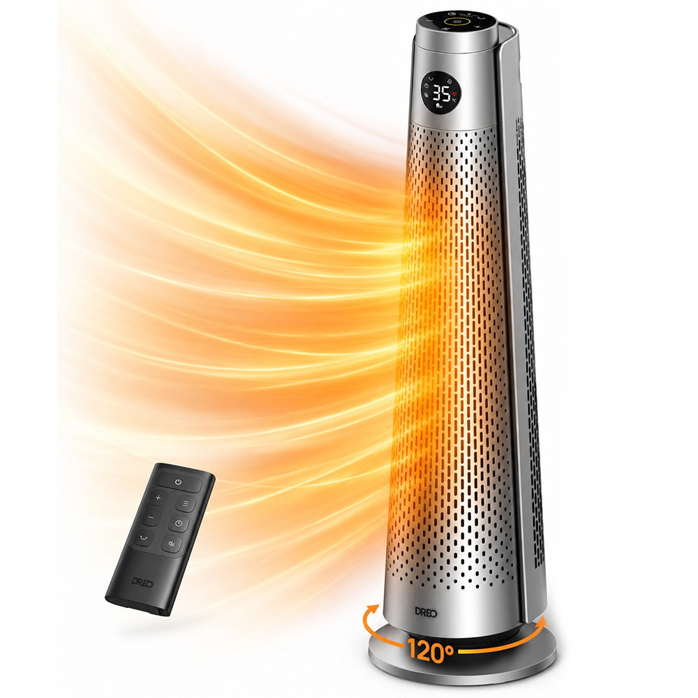 Вентилаторна печка - кула DREO Solaris 718, 2000W, 25 м2, PTC, 5-35°C, 9 режима, 120° осцилация, 8-степенна защита, Таймер, Дистанционно, Сензор за наклон ...