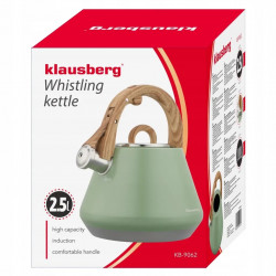 Свирещ чайник Klausberg KB 9062, 2.5 л, Неръждаема стомана, Ненагряваща се дръжка, Индукция, Зелен