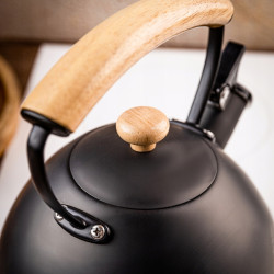 Kinghoff KH 1999 Whistling Teapot, 2.5 L, Stainless Steel, Cool-Touch Wooden Handle, Induction-Compatible, Matte Black