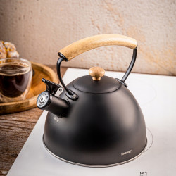 Kinghoff KH 1999 Whistling Teapot, 2.5 L, Stainless Steel, Cool-Touch Wooden Handle, Induction-Compatible, Matte Black