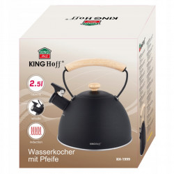 Ceainic cu fluier Kinghoff KH 1999, 2,5 l, Otel inoxidabil, Maner din lemn, Toate plitele inclusiv inductie, Negru mat