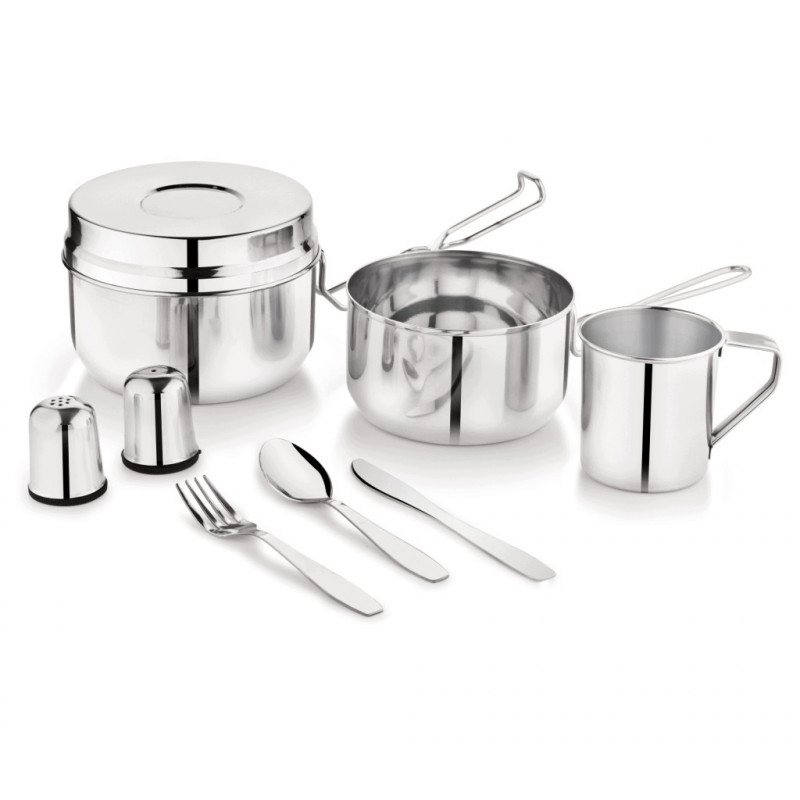 Kinghoff KH 2060 Camping Cutlery and Cookware Set, 9-Piece, Stainless Steel, Silver
