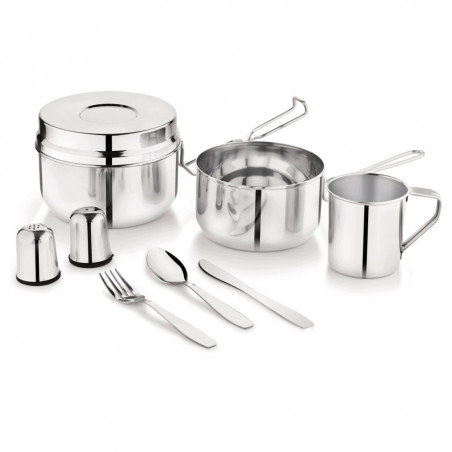 Set de tacamuri si vase pentru camping Kinghoff KH 2060, 9 piese, Otel inoxidabil, Argintiu