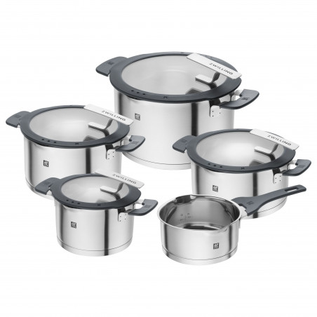 Комплект тенджери Zwilling Simplify 66870-005-0, 9 части, Sigma Classic+ дъно, Неръждаема стомана 18/10, Индукция, Сребрист