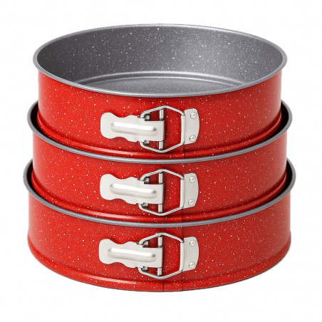 Set 3 forme de copt cu fund detasabil Oliver Voltz OV51223RB22/RB24/RB26, Otel carbon, Acoperire marmorata, Rosu