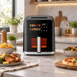 Фритюрник с горещ въздух Oliver Voltz OV51980CE, 1800W, 4 л, 80-200°C, 10 програми, Таймер, Прозорец, LED, Черен
