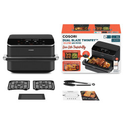 Cosori Dual Blaze TwinFry CAF-TF102S-AEUR Double Hot Air Fryer, 10 L, 6 Programs, 35–240 C, Timer, ThermoIQ, Synchronized Cooking and Shut-Off, Black/Silver