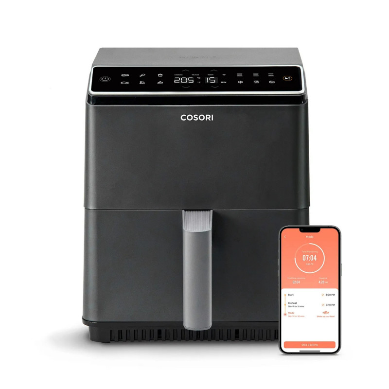 Фритюрник с горещ въздух Cosori Dual Blaze Pro CAF-P681S, 1700 W, 6.4 л, 12 програми, 360 ThermoIQ, Двойни нагреватели, Керамично покритие без PFAS, Черен
