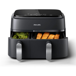 Διπλή φριτέζα θερμού αέρα Philips NA351/00, 2750 W, 6+3 λίτρα, 80-200 °C, 1,5 κιλά, 8 προγράμματα, οθόνη αφής, αντιγραφή και συγχρονισμός, Μαύρο/Ασημί