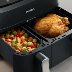 Двоен фритюрник с горещ въздух Philips NA351/00, 2750 W, 6+3 л, 80-200C, 1.5 кг, 8 програми, Сензорен дисплей, Копиране и синхронизиране, Черен/Сребрист