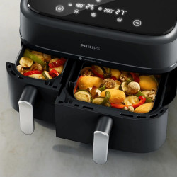 Friteuza dubla cu aer cald Philips NA351/00, 2750 W, 6+3 l, 80-200°C, 1,5 kg, 8 programe, Ecran tactil, Copiere si sincronizare, Negru/Argintiu