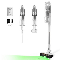 Κάθετη ηλεκτρική σκούπα Levoit VortexIQ LSV-V221-VEU, 210 W, 0,85 λ, 50 λεπτά, 3 επίπεδα ισχύος, Πράσινο φως στη βούρτσα NeoSight™, Φίλτρο HEPA 5 επιπέδων, Κεφαλή 180°, Λευκό/ασημί