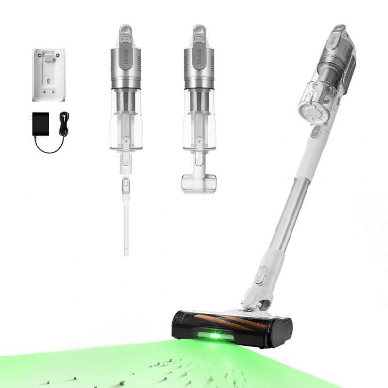 Levoit VortexIQ LSV-V221-VEU álló porszívó, 210 W, 0,85 l, 50 perc, 3 fokozat, zöld fény a NeoSight™ kefénél, 5 fokozatú HEPA szűrő, 180°-os fej, fehér/ezüst