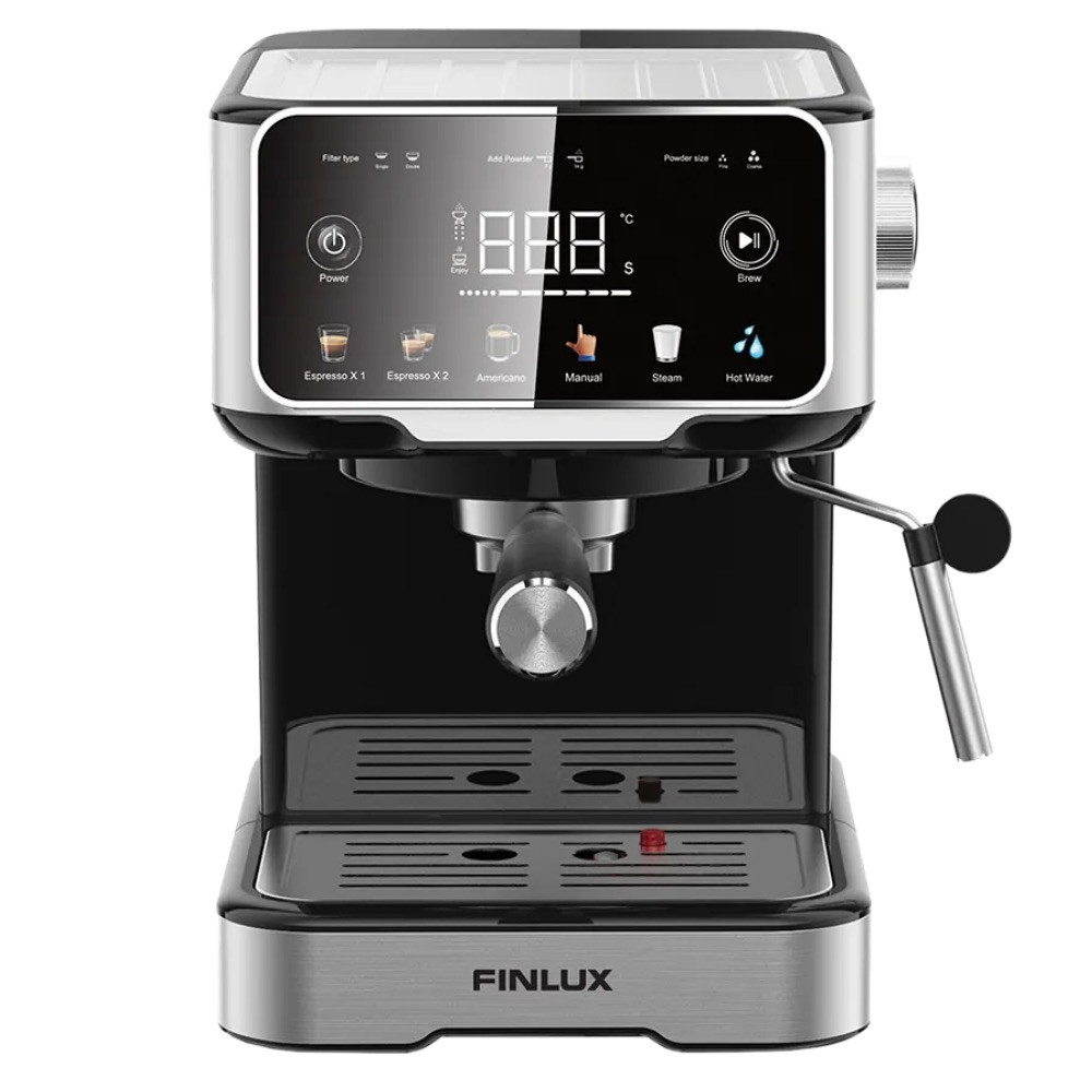 Еспресо машина за мляно кафе Finlux FEM-1655BS, 1100W, 20 bar, 1.5 л, Сензорен дисплей, Термо блок, Дюза за пара, Сребрист/черен