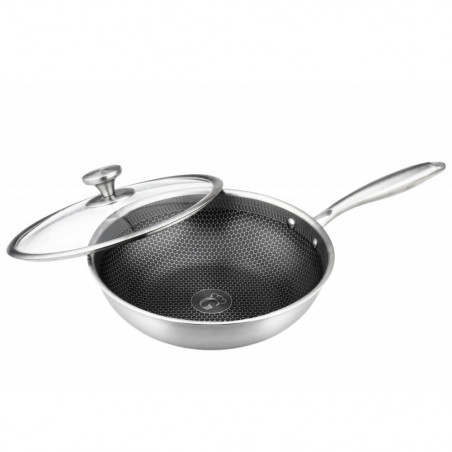 Goldmann FusionHex Pro GM 1128-WK fedeles serpenyő, 28 cm, 18/10-es acél, dombornyomott alj – méhsejt mintázat, sütőben 220 °C-ig használható, indukciós főzésre alkalmas, ezüst színű