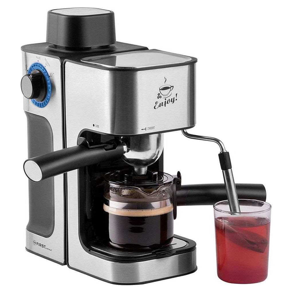 Espressor manual First Austria FA-5475-2, 800W, Rezervor 0.250L, Vas de sticla, Pauza, Inox/Negru