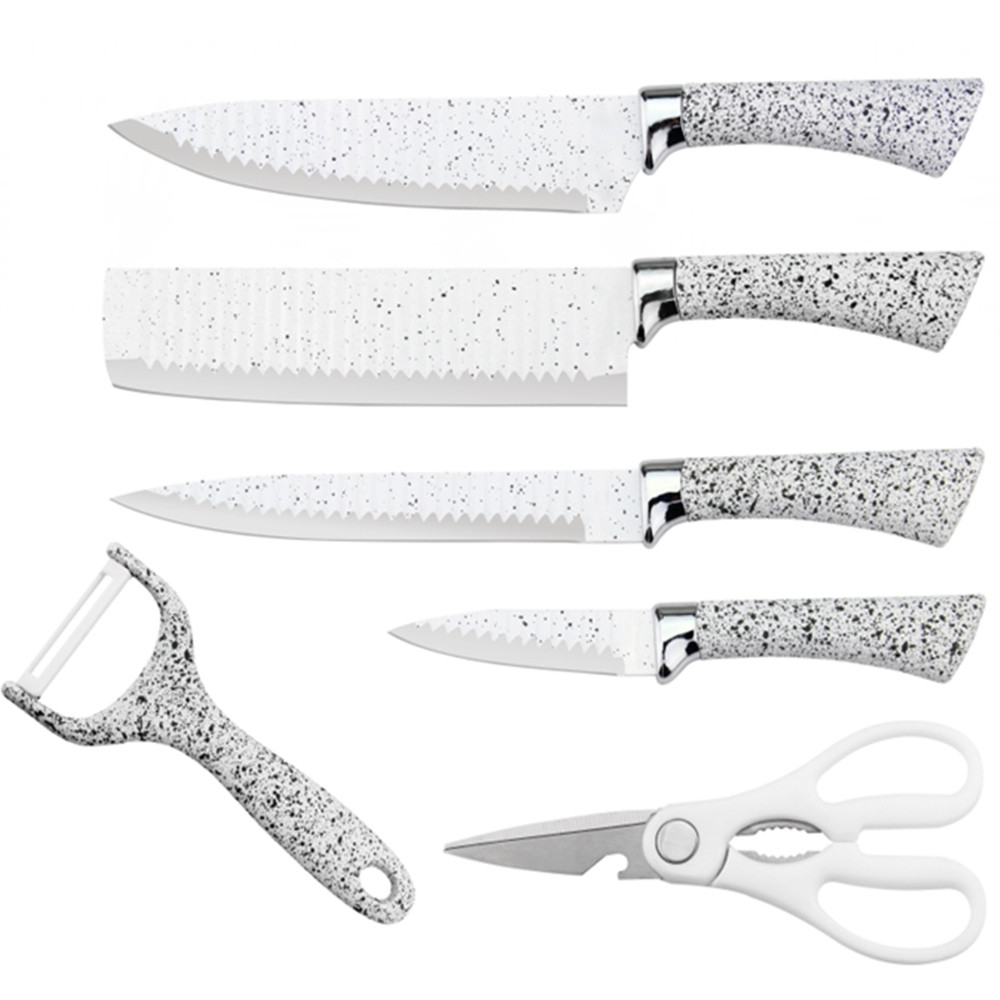 Set de cutite HausRoland H-009, 6 piese, Finisaj marmura, Cutie, Alb