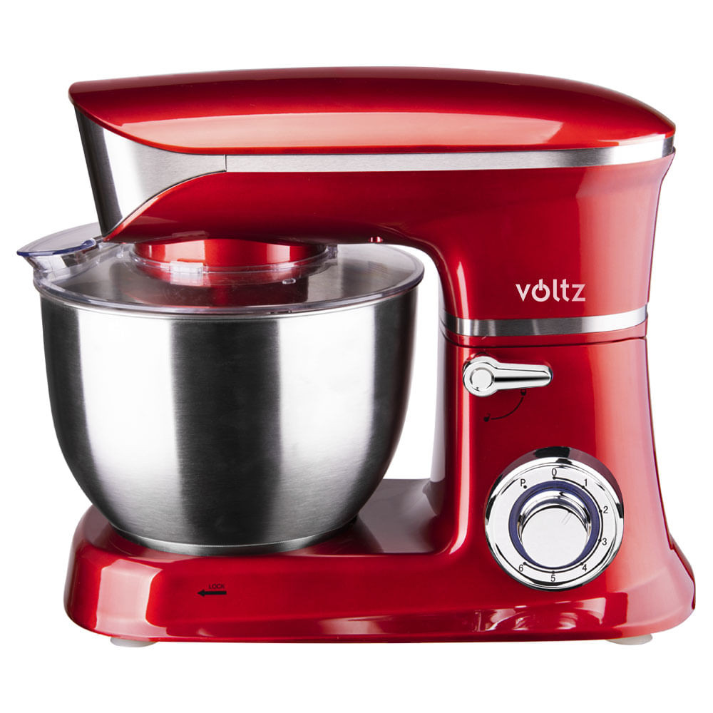 Mixer planetar Voltz V51115B, 1900W, 6.5 litri, Cupa inox, 6 trepte de viteza, Accesorii, Rosu