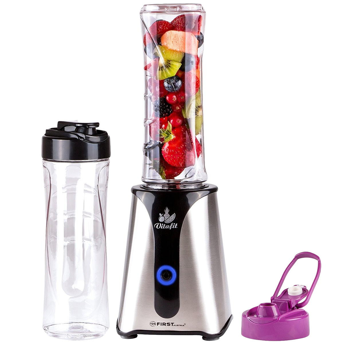 Blender smoothie First Austria FA-5243-1, 350W, 2x600 ml, Fara BPA, Zdrobire gheata, 4 cutite din ot