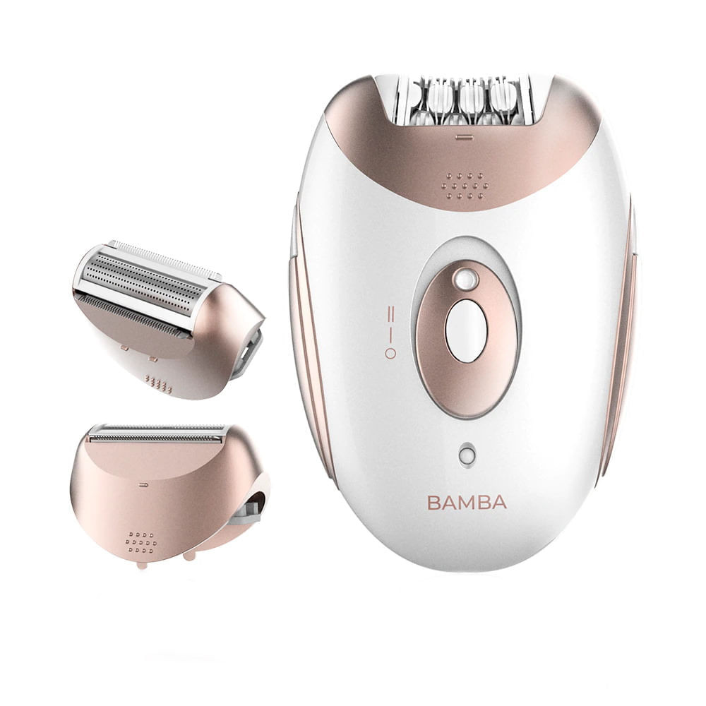 Epilator Bamba SkinCare, Fara fir, 2 trepte, Cap de barbierit, 18 pensete, Alb/aur roz