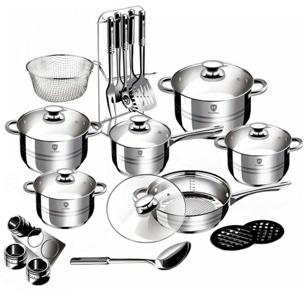 Set de gatit HomeVero HV-1027, 27 bucati, Inductie, Inox, Fund 5 straturi, Argintiu