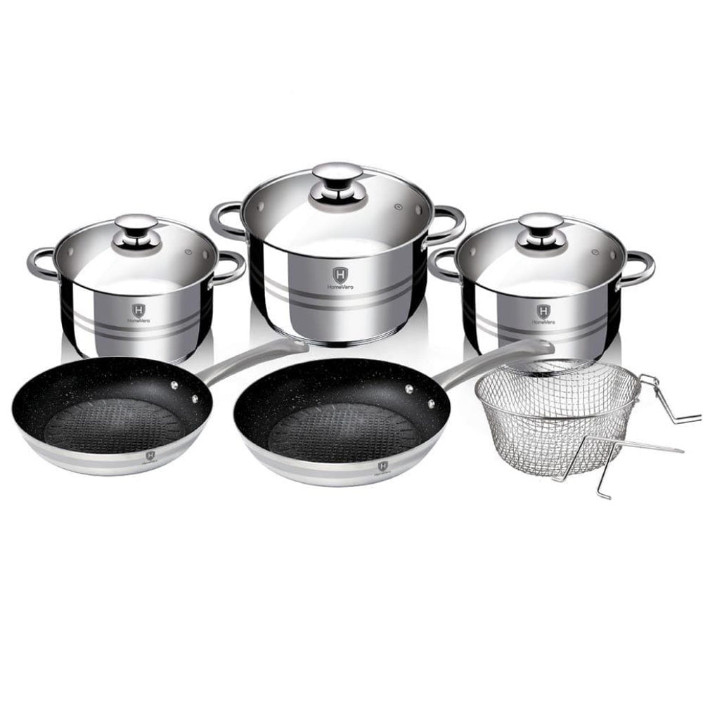 Set de oale cu capac si doua tigai marmorate HomeVero HV-1110, 10 bucati, Inductie, Inox, 5 straturi