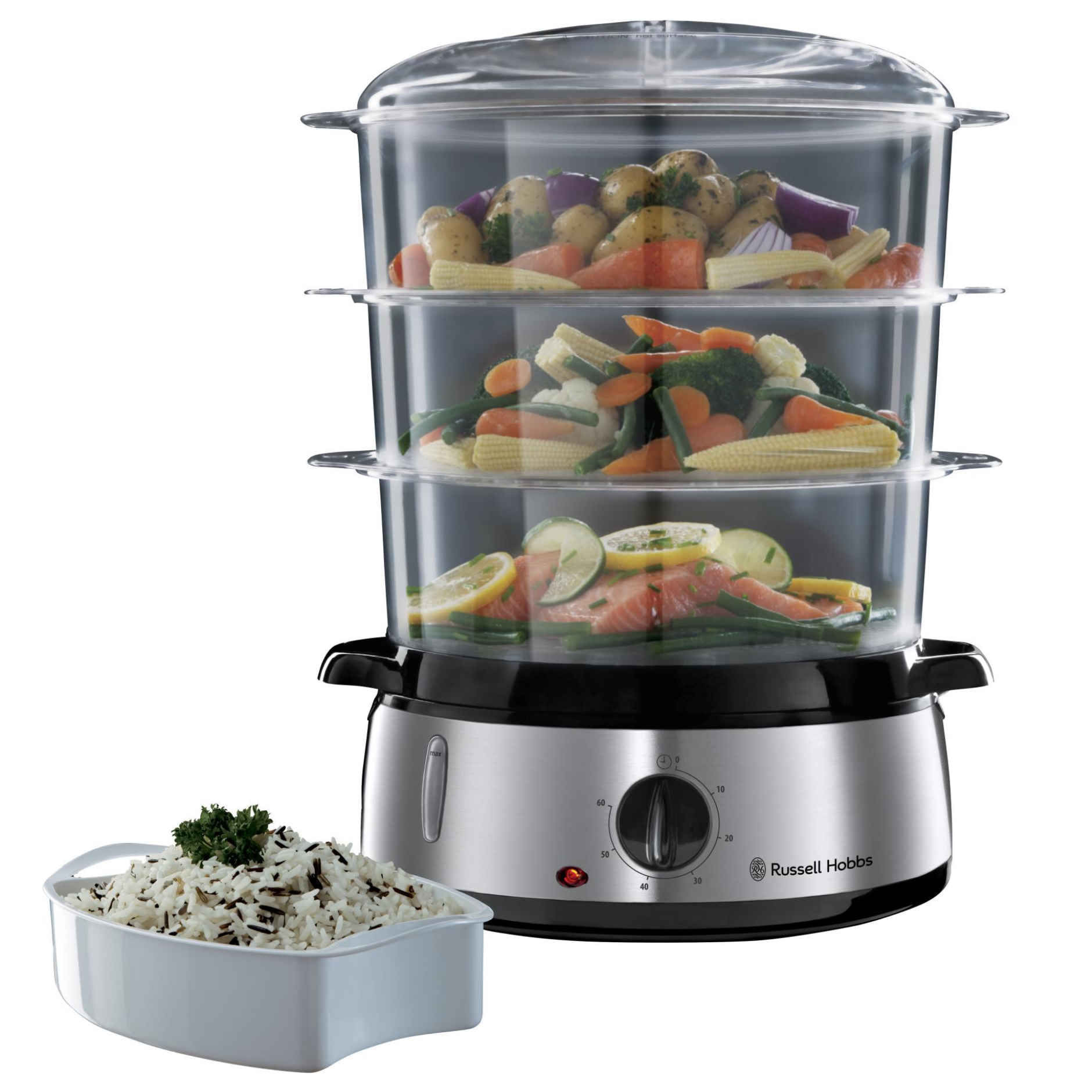 Уред за готвене на пара Russell Hobbs 19270-56, 800W, 3 нива, 9 литра, Таймер 60 мин, Инокс