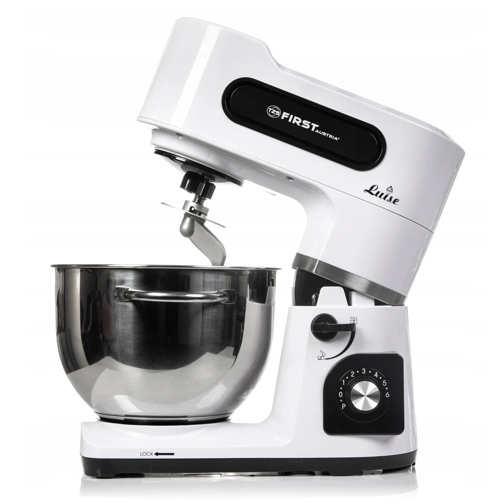 Mixer cu bol din otel First Austria FA-5259-4, 1500W, 6 L, 6 trepte+Pulse, Bol inox, Alb