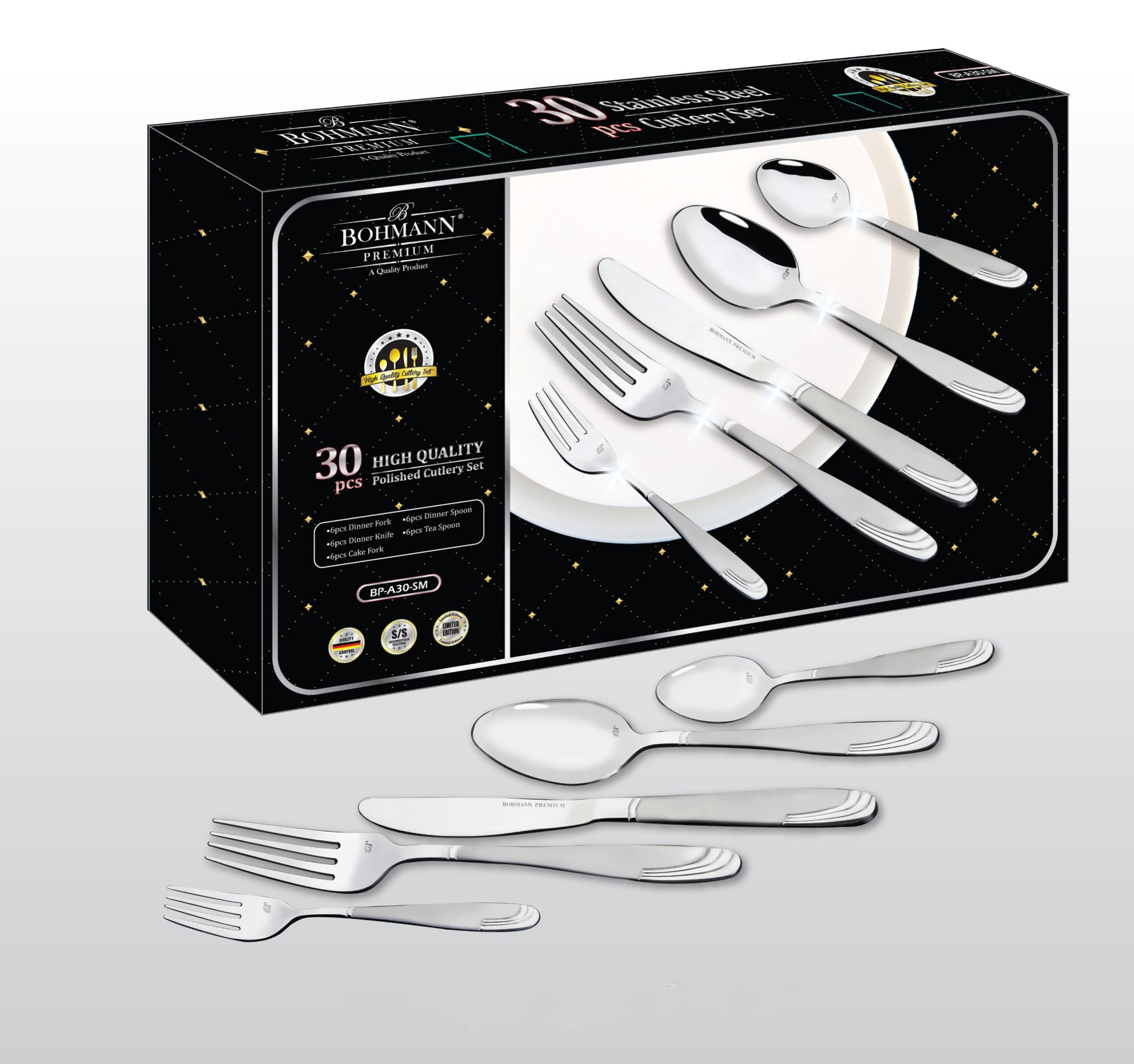 Комплект прибори за хранене Bohmann BP A30-SM, Кутия, 30 бр, Инокс