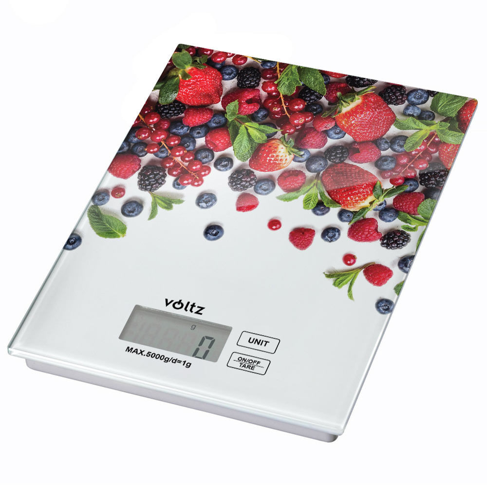 Cantar de bucatarie Voltz V51651E Fructe de padure, 5 kg, CONTAINER, Sticla, Multicolor