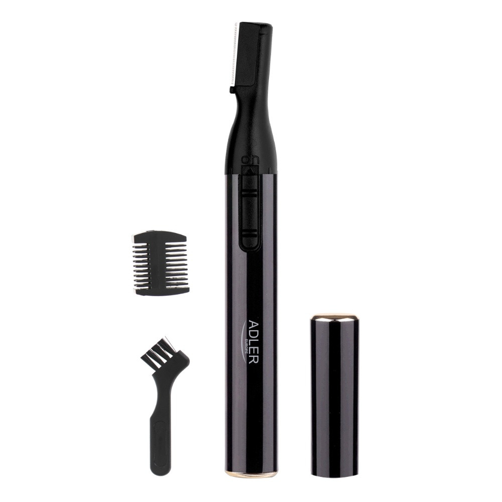 Trimmer pentru sprancene Adler AD 2934b, Pieptene cu doua fete - 3,5/1,5 mm, Perie, Baterie, Negru