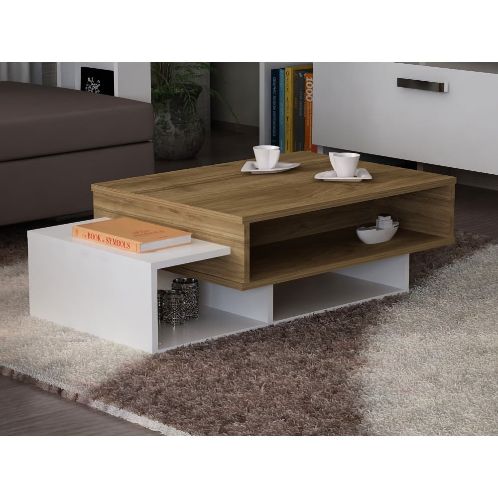 Masuta de cafea Kalune Design 731WAT2809, 105x32x60 cm, 2 nivele, PAL, Alb/maro