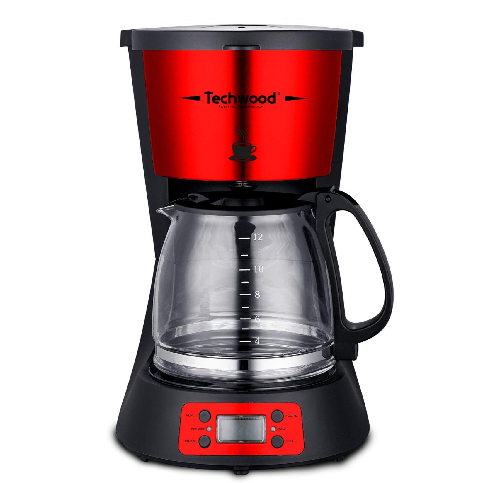 Cafetiera Techwood TCA-1295, 1000W, Programabil, 1.5L, Anti-picurare, Rosu/Negru