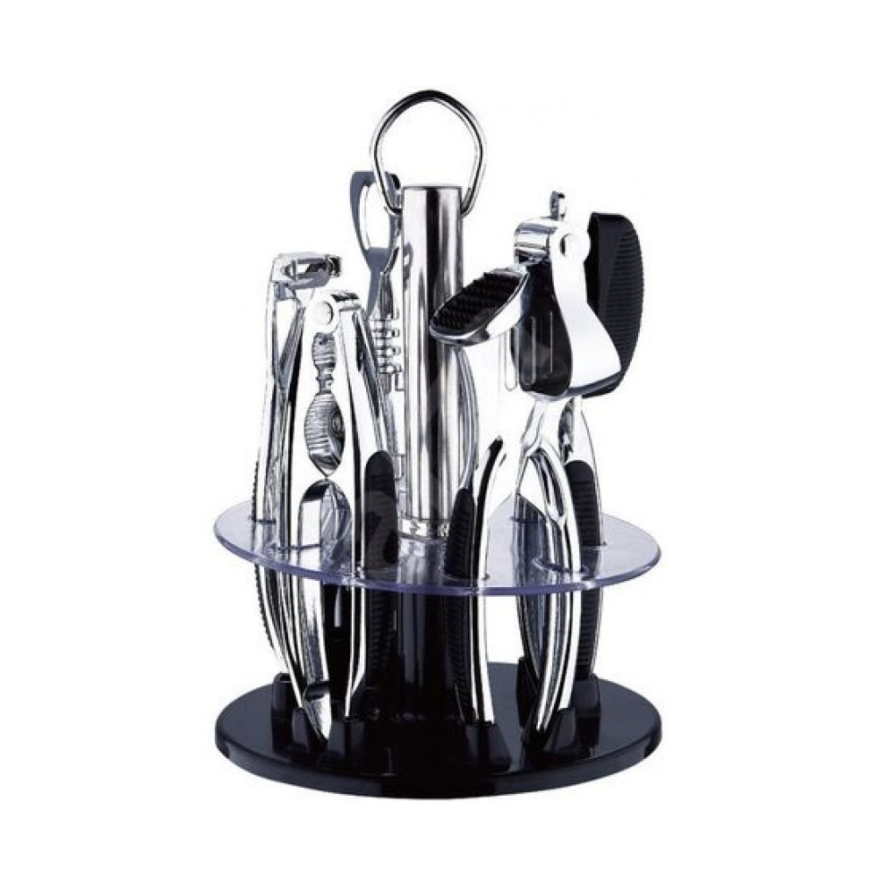 Set 5 ustensile de bucatarie Bohmann BH 7780, Suport rotativ, Inox/Negru