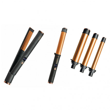 Carrera Classic 21291112 Hair Straightener and Curler Set, 40/55W, Fast Heating, 6 Temperature Settings, 3 Barrels, LED Display, Black/Brown