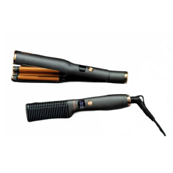 Carrera Classic 21291122 Electric Hairbrush and Retro Straightener Set, 40/55W, Fast Heating, 6 Temperature Settings, LED Display, Black/Brown