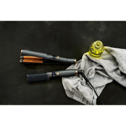 Комплект електрическа четка и ретро преса за коса Carrera Classic 21291122, 40/55W, Бързо заграване, 6 температурни нива, LED Дисплей, Кабел 360°, Черен/Кафяв