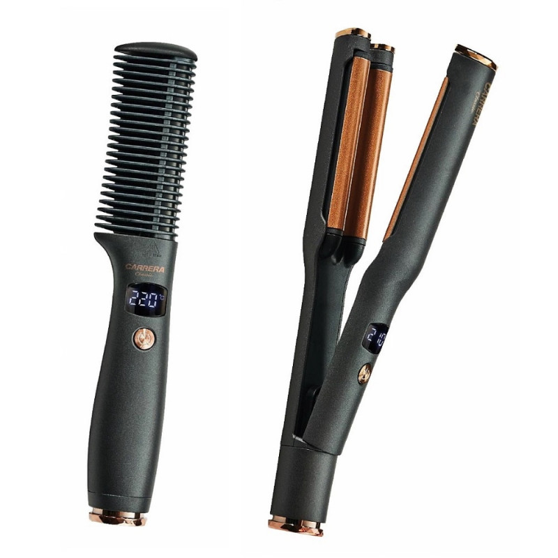Carrera Classic 21291122 Electric Hairbrush and Retro Straightener Set, 40/55W, Fast Heating, 6 Temperature Settings, LED Display, Black/Brown