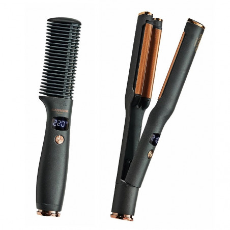 Carrera Classic 21291122 Electric Hairbrush and Retro Straightener Set, 40/55W, Fast Heating, 6 Temperature Settings, LED Display, Black/Brown