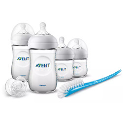 Set natural Philips Avent pentru nou-nascut SCD301/01, suzeta, perie, 2 sticle de 4 oz, 2 sticle de 9 oz, transparent